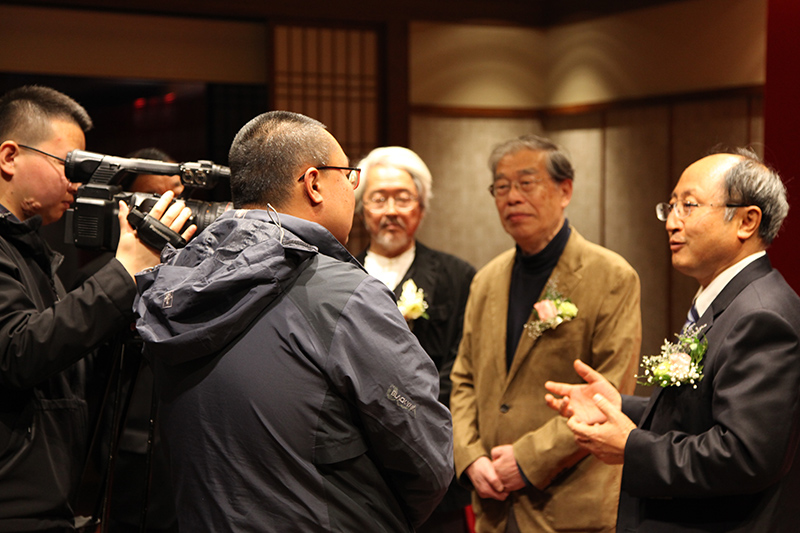 Interview by Local TV Station: from right, Mr. Kose, JPM President, Professor Yamazaki of Ritsumeikan University, Mr. Koide, URDI Chairman
